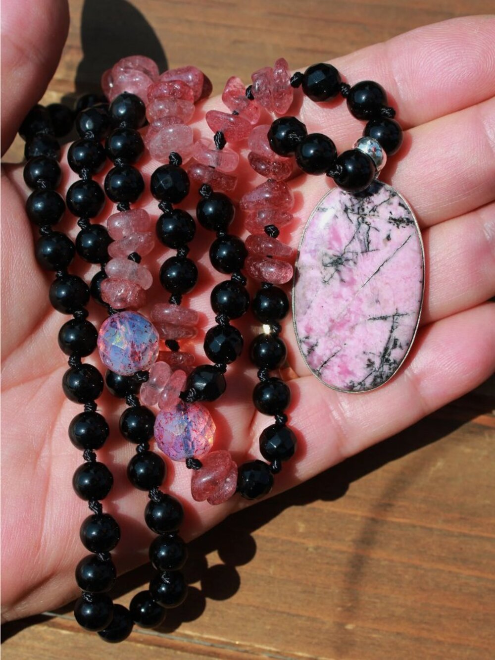 Long Beaded Pink Rhodonite Necklace